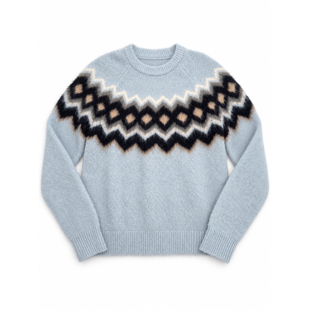 ALC Ezra Raglan Sweater Blue Alpaca Wool Fair Isle Yoke Size S/M Cozy